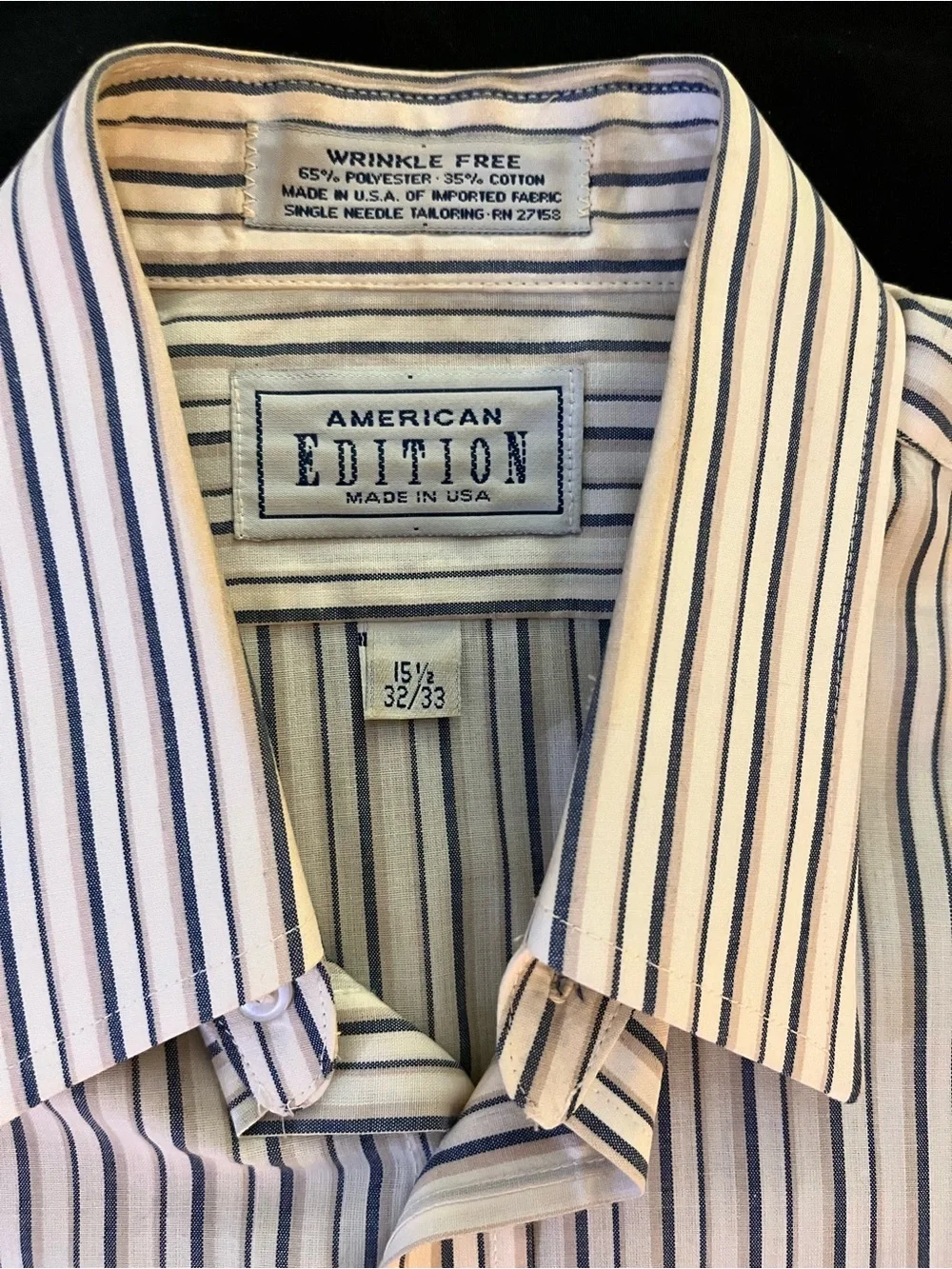 American Edition Mens Dress Shirt 15.5 32/33 Striped Blue Brown Made in USA VTG
